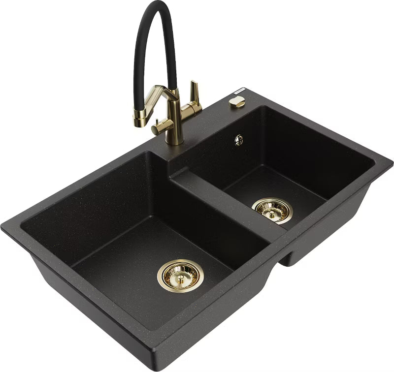 Granitvask Tomas 2-Kammer 80x50 cm Sort/Guld med Armatur