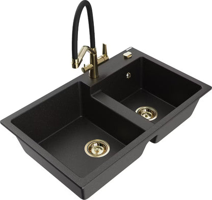 Granitvask Tomas 2-Kammer 80x50 cm Sort/Guld med Armatur