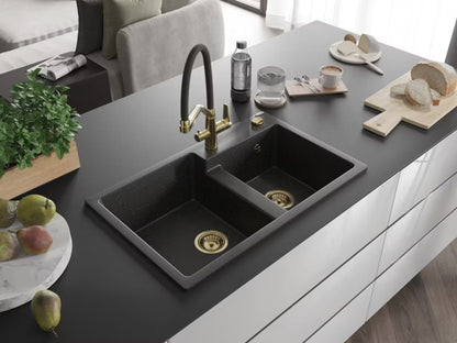 Granitvask Tomas 2-Kammer 80x50 cm Sort/Guld med Armatur