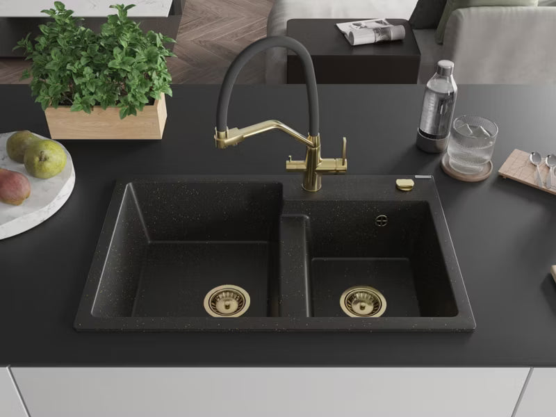 Granitvask Tomas 2-Kammer 80x50 cm Sort/Guld med Armatur