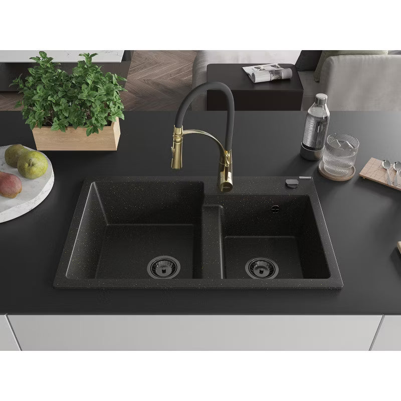 Granitvask Tomas 2-Kammer 80x50 cm Sort/Guld Metalik med Aster Armatur