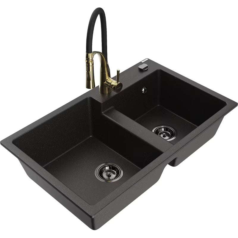 Granitvask Tomas 2-Kammer 80x50 cm Sort/Guld Metalik med Aster Armatur
