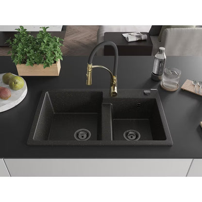 Granitvask Tomas 2-Kammer 80x50 cm Sort/Guld Metalik med Aster Armatur