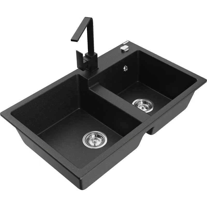 Granitvask Tomas 2-Kammer 80x50 cm Sort/Guld Metalik med Vandhane Rita