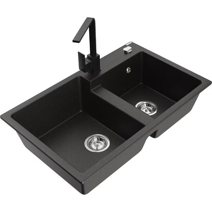Granitvask Tomas 2-Kammer 80x50 cm Sort/Guld Metalik med Vandhane Rita
