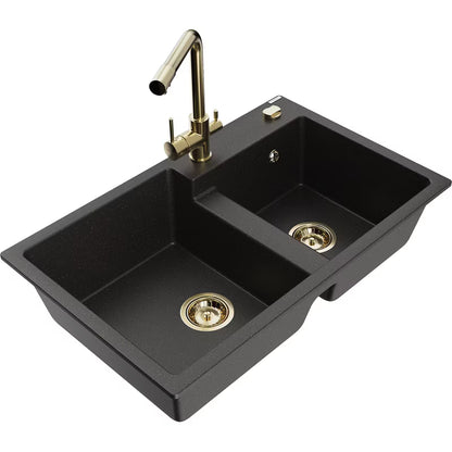 Granitvask Tomas 2-Kammer 80x50 cm Sort Guld Metallisk