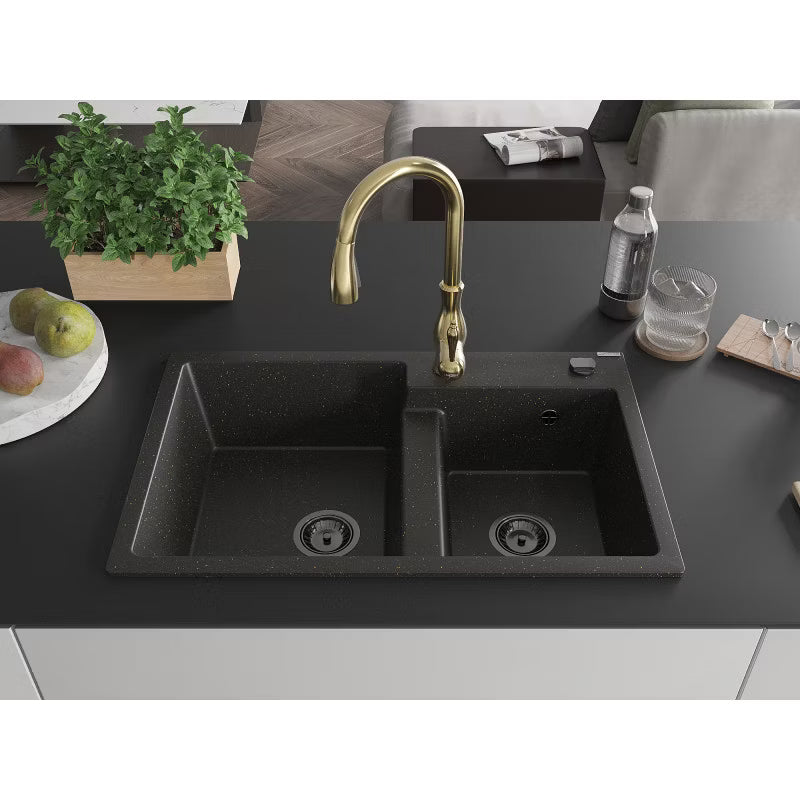 Granitvask Tomas 2-Kammer 80x50 cm Sort Guld Metallisk