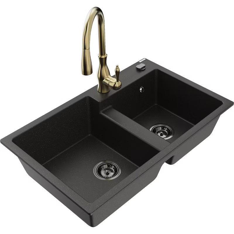 Granitvask Tomas 2-Kammer 80x50 cm Sort Guld Metallisk