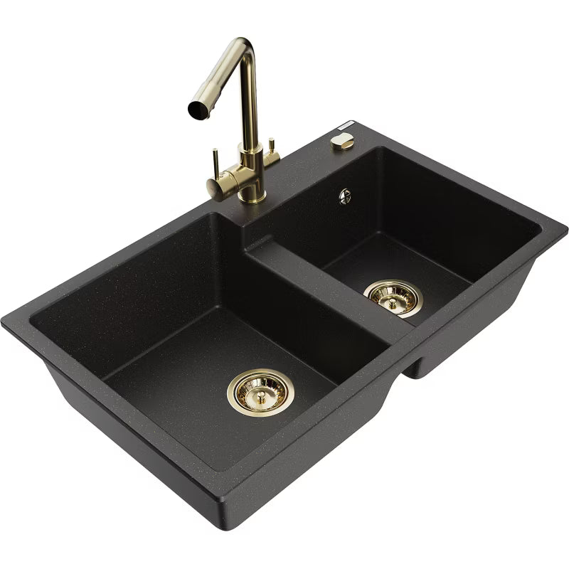 Granitvask Tomas 2-Kammer 80x50 cm Sort Guld Metallisk