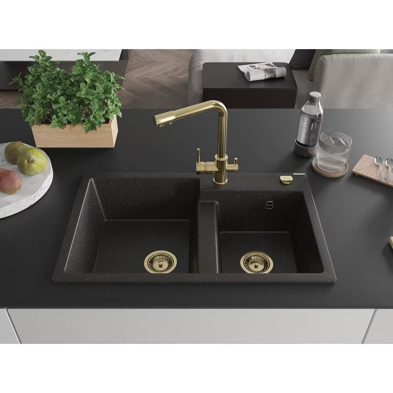 Granitvask Tomas 2-Kammer 80x50 cm Sort Guld Metallisk