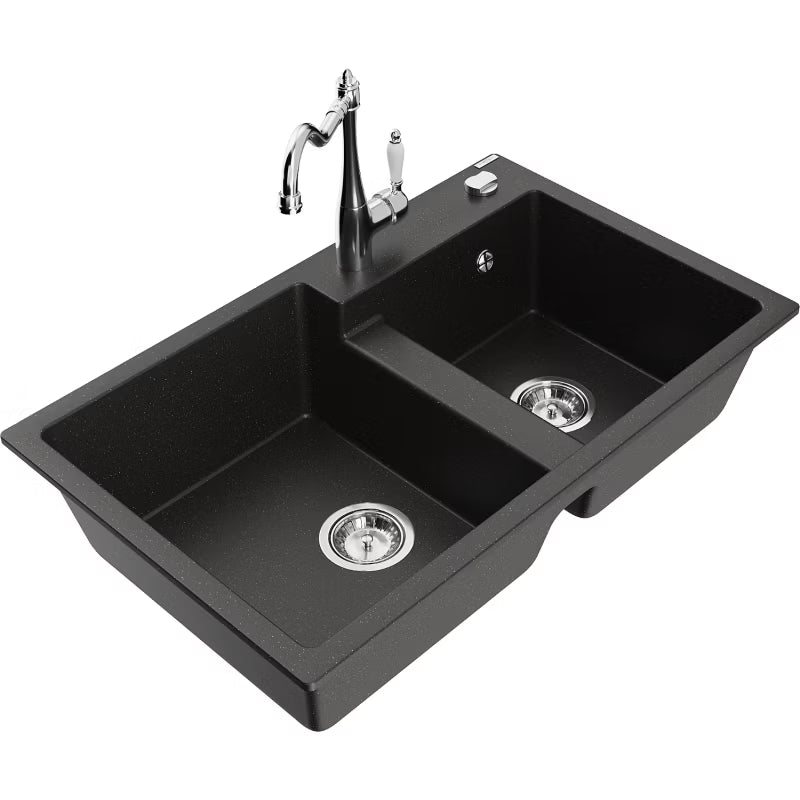 Granitvask Tomas 2-Kammer 80x50 cm Sort Guld Metallisk med Armatur