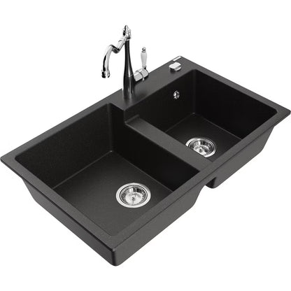 Granitvask Tomas 2-Kammer 80x50 cm Sort Guld Metallisk med Armatur