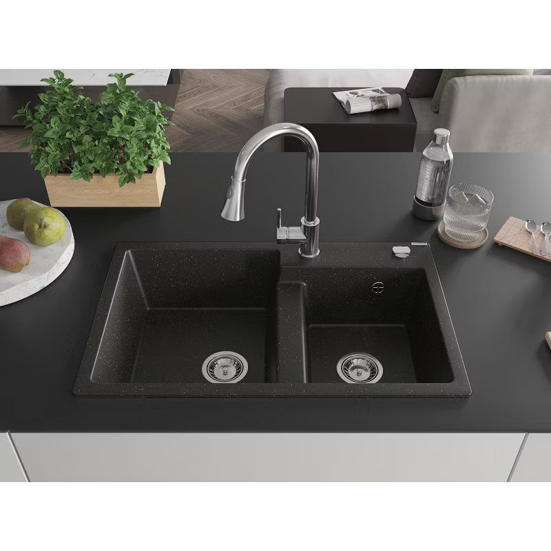 Granitvask Tomas 2-Kammer 80x50 cm Sort Guld Metallisk med Armatur