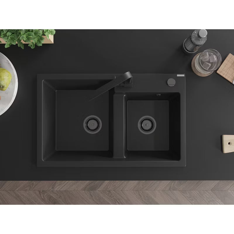 Granitvask Tomas 2-Kammer 80x50 cm Sort med Armatur