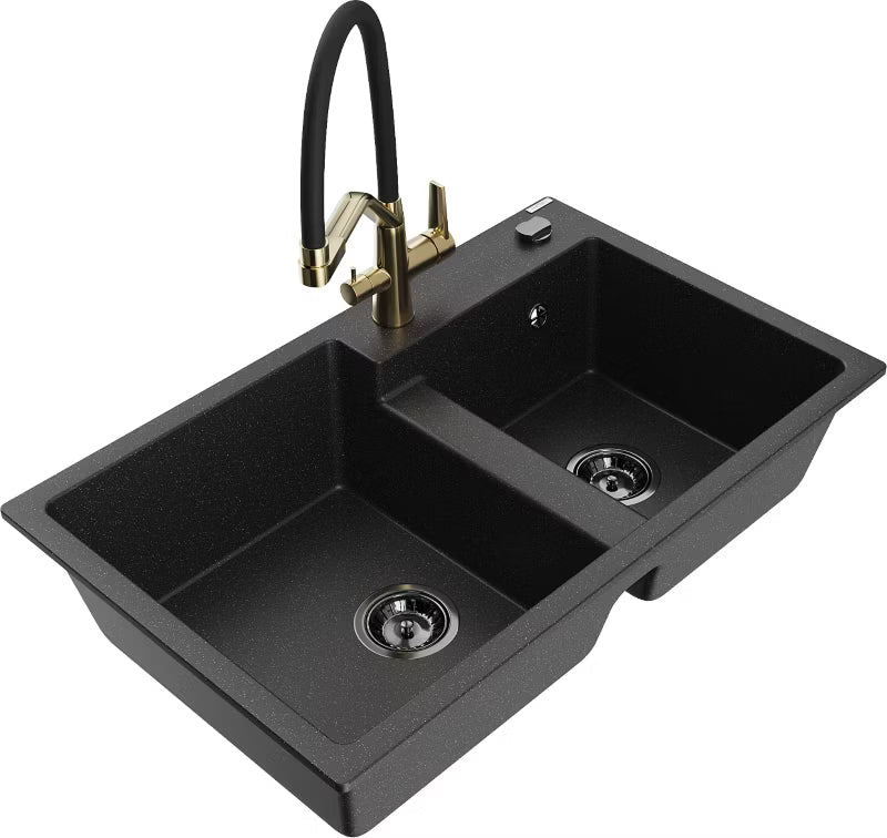 Granitvask Tomas 2-Kammer 80x50 cm Sort med Armatur