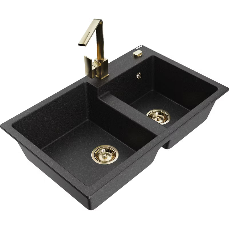 Granitvask Tomas 2-Kammer 80x50 cm Sort med Armatur