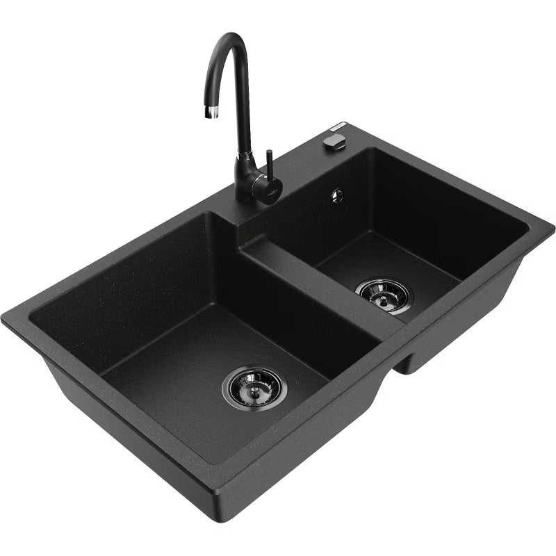 Granitvask Tomas 2-Kammer 80x50 cm Sort med Armatur