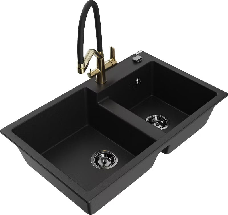 Granitvask Tomas 2-Kammer 80x50 cm Sort med Armatur
