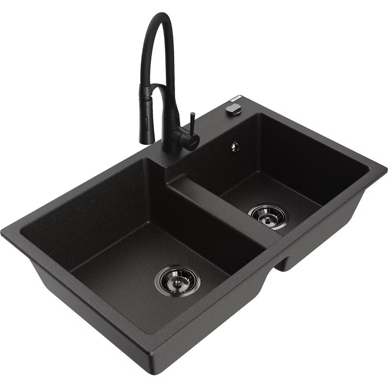 Granitvask Tomas 2-Kammer 80x50 cm Sort med Armatur