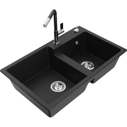 Granitvask Tomas 2-Kammer 80x50 cm Sort med Armatur
