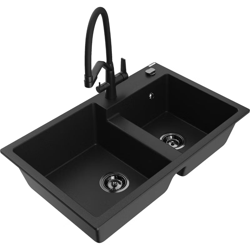 Granitvask Tomas 2-Kammer 80x50 cm Sort med Armatur