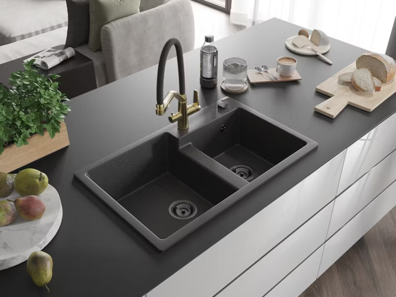 Granitvask Tomas 2-Kammer 80x50 cm Sort med Armatur