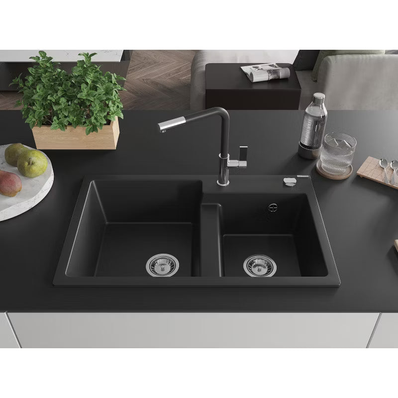 Granitvask Tomas 2-Kammer 80x50 cm Sort med Armatur