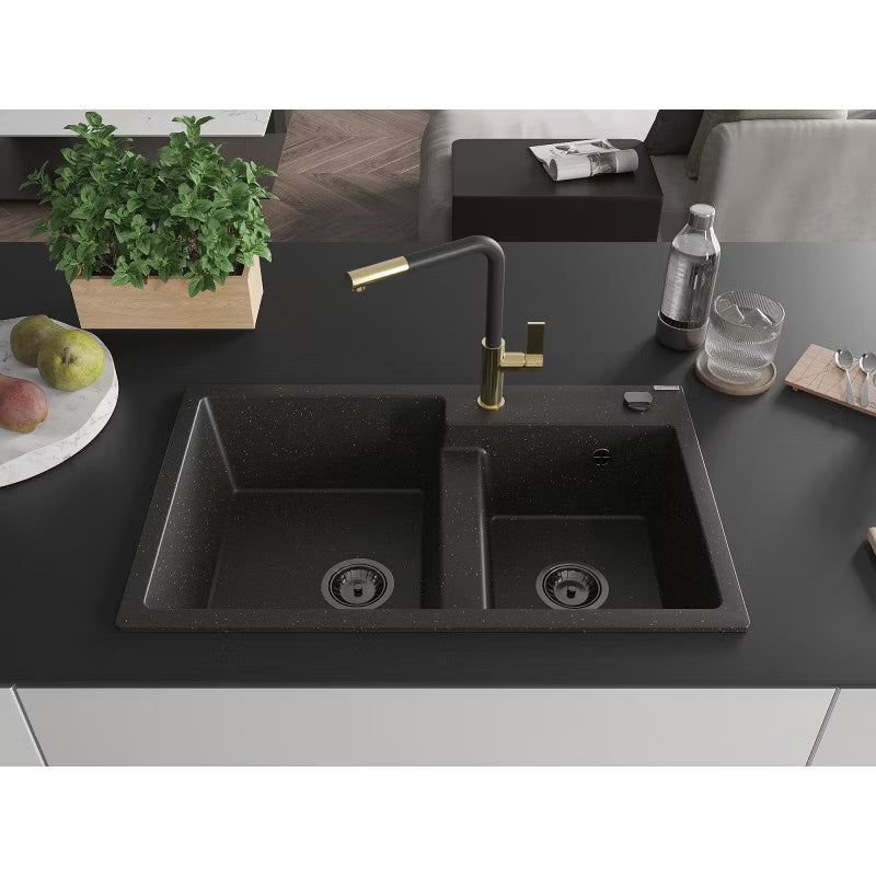 Granitvask Tomas 2-Kammer 80x50 cm Sort med Armatur