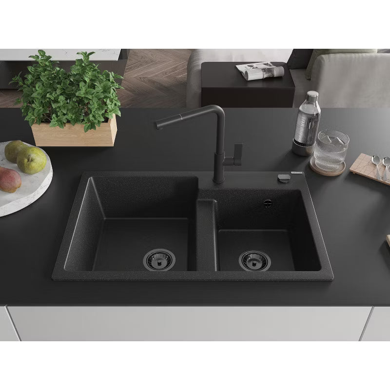 Granitvask Tomas 2-Kammer 80x50 cm Sort med Armatur
