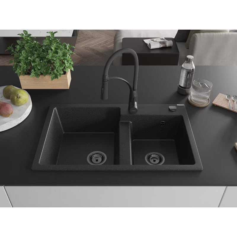 Granitvask Tomas 2-Kammer 80x50 cm Sort med Armatur