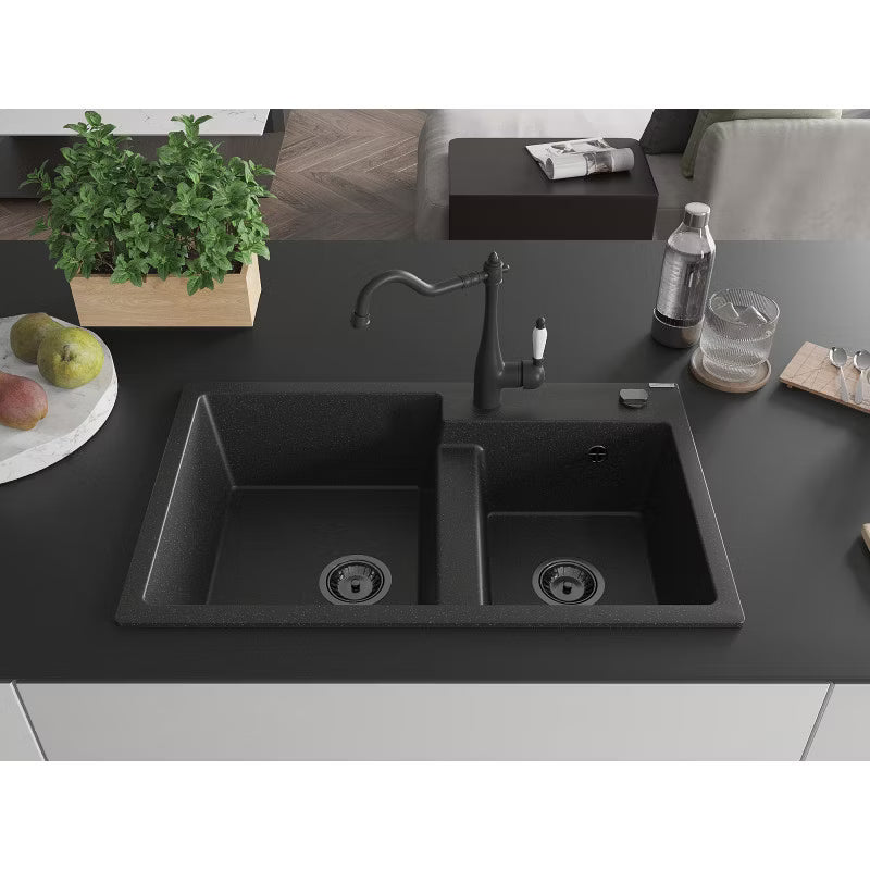 Granitvask Tomas 2-Kammer 80x50 cm Sort med Armatur