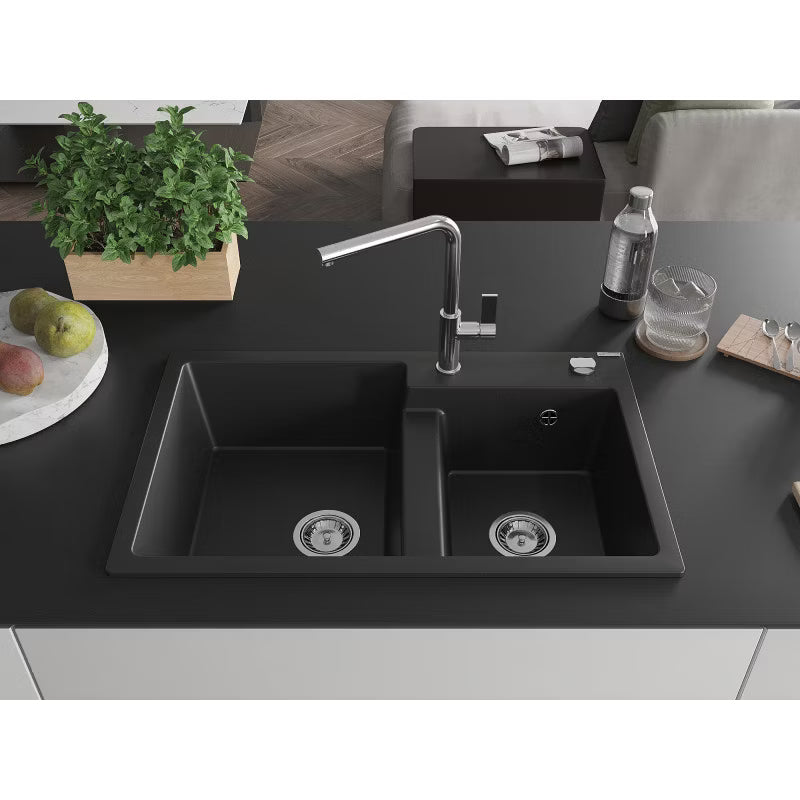 Granitvask Tomas 2-Kammer 80x50 cm Sort med Armatur
