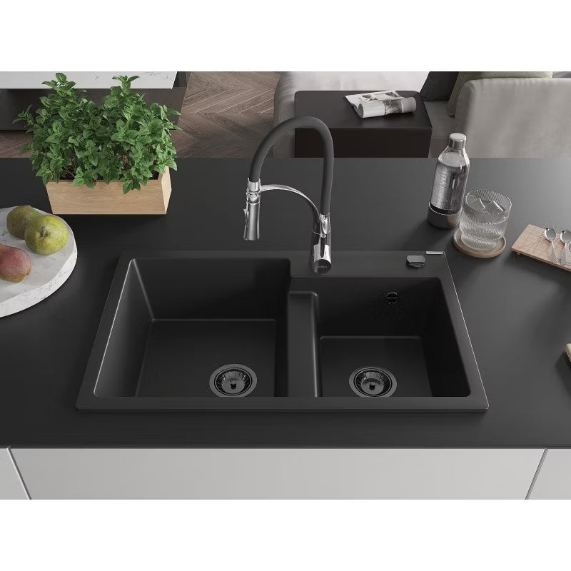 Granitvask Tomas 2-Kammer 80x50 cm Sort med Armatur