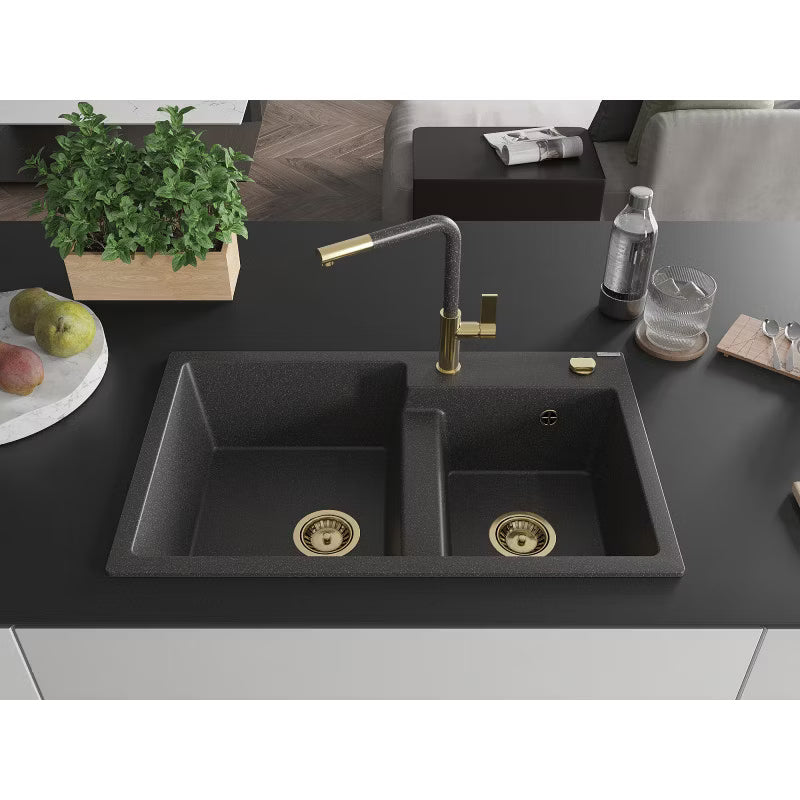 Granitvask Tomas 2-Kammer 80x50 cm Sort med Armatur