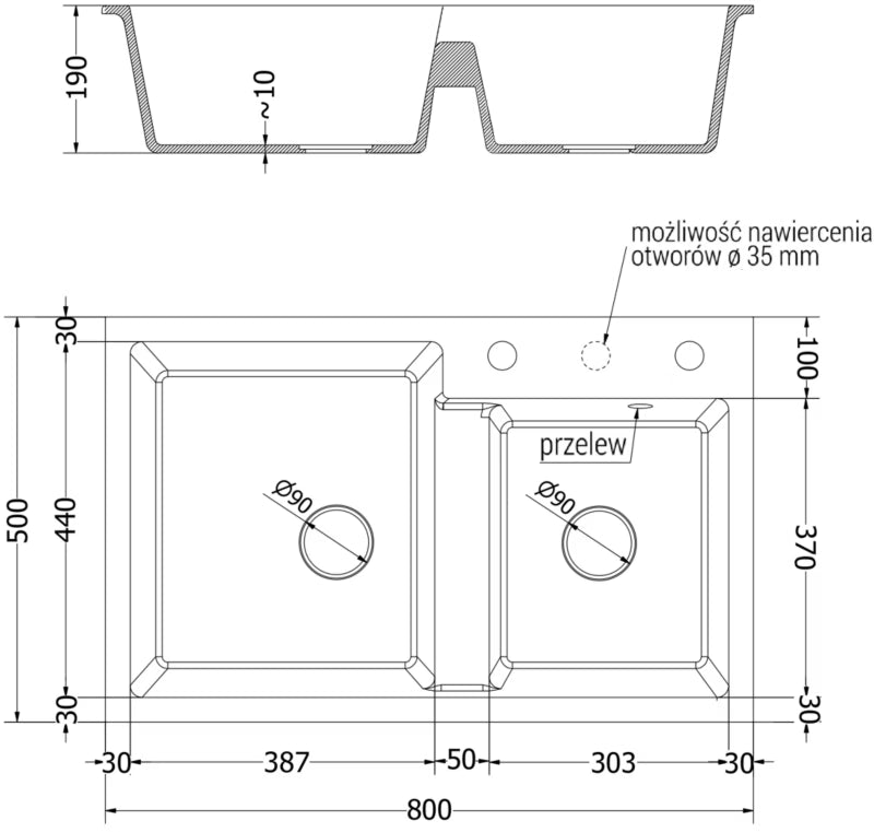 Granitvask Tomas 2-Kammer 80x50 cm Sort med Armatur