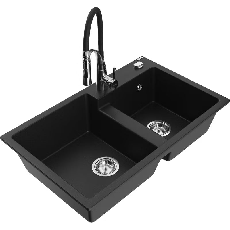 Granitvask Tomas 2-Kammer 80x50 cm Sort med Armatur