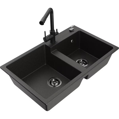 Granitvask Tomas 2-Kammer 80x50 cm Sort med Armatur