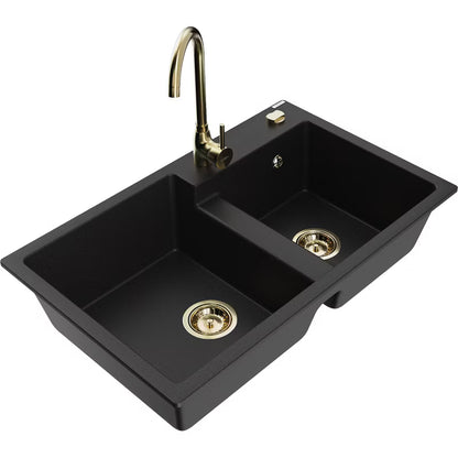 Granitvask Tomas 2-Kammer 80x50 cm Sort med Armatur