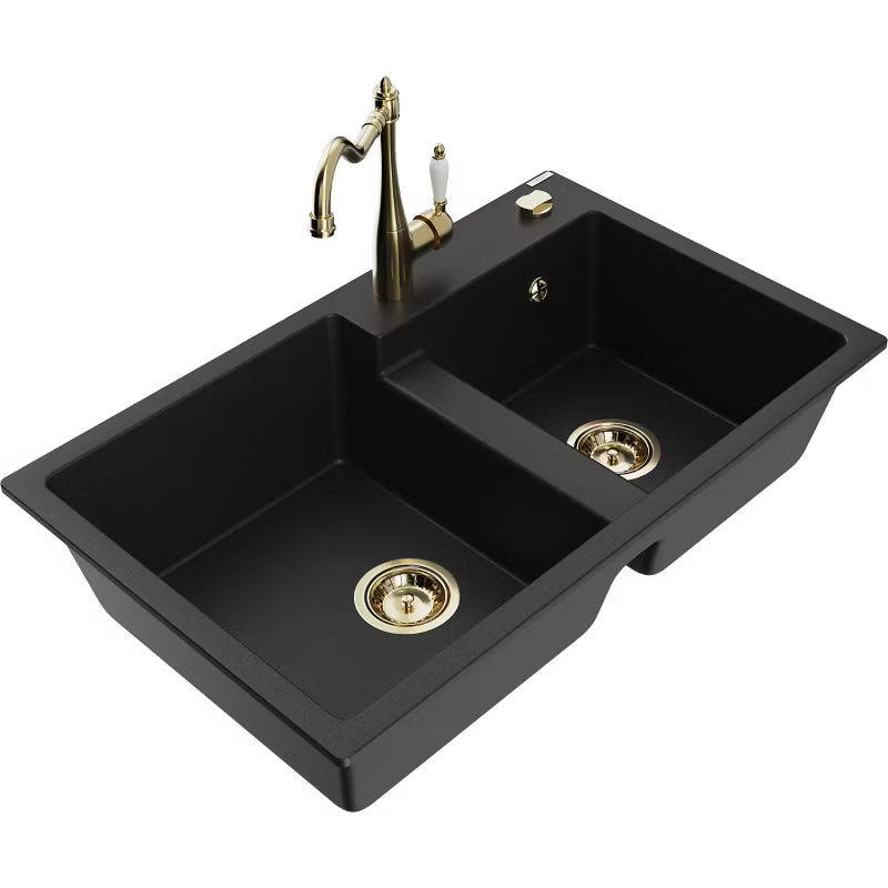 Granitvask Tomas 2-Kammer 80x50 cm Sort med Armatur