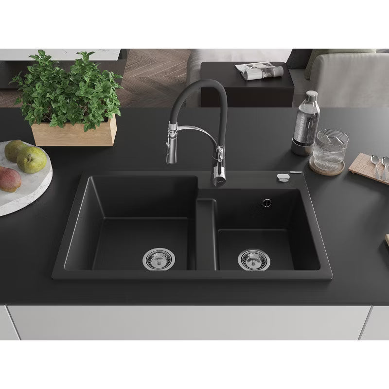 Granitvask Tomas 2-Kammer 80x50 cm Sort med Armatur