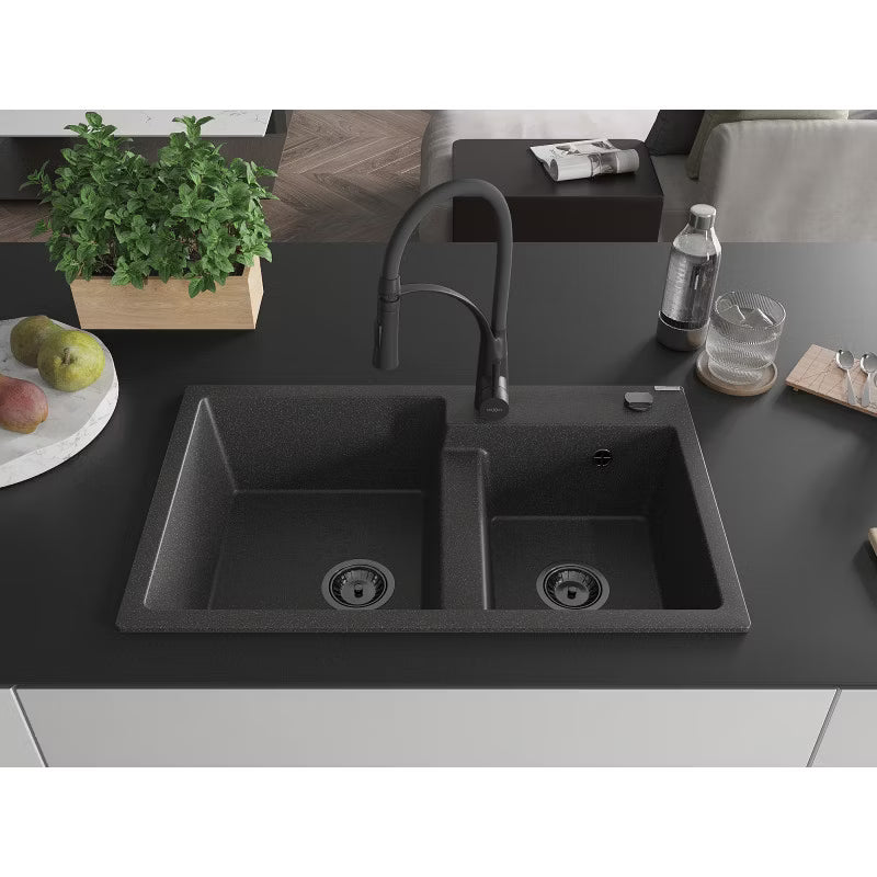 Granitvask Tomas 2-Kammer 80x50 cm Sort med Armatur