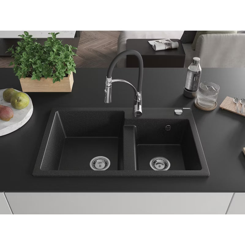 Granitvask Tomas 2-Kammer 80x50 cm Sort med Armatur