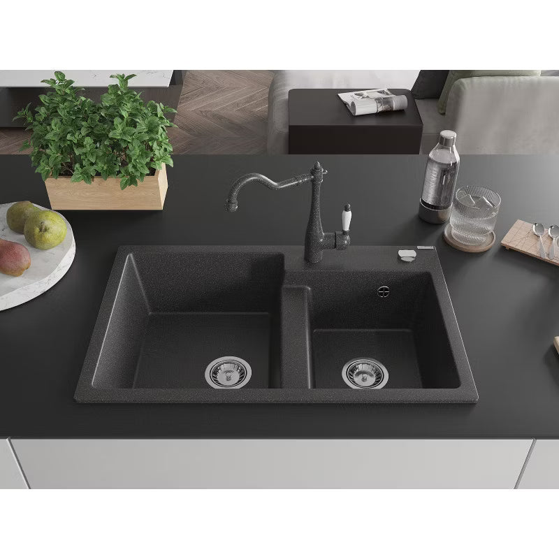 Granitvask Tomas 2-Kammer 80x50 cm Sort med Armatur