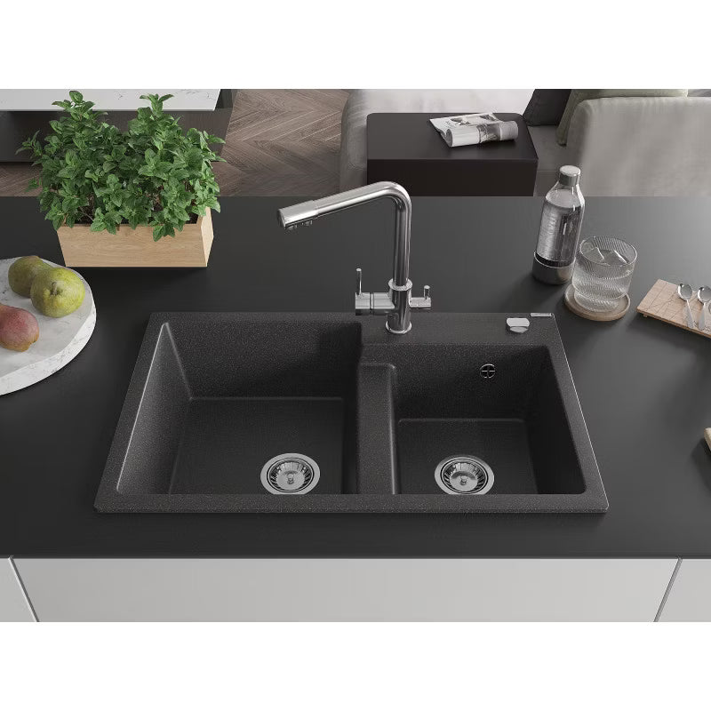 Granitvask Tomas 2-Kammer 80x50 cm Sort med Armatur