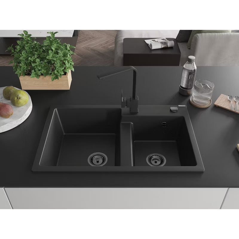 Granitvask Tomas 2-Kammer 80x50 cm Sort med Armatur