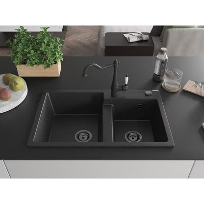 Granitvask Tomas 2-Kammer 80x50 cm Sort med Armatur