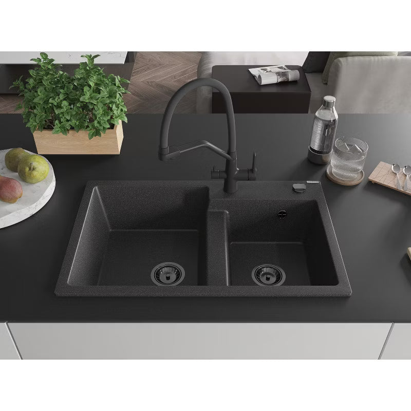 Granitvask Tomas 2-Kammer 80x50 cm Sort med Armatur Duo