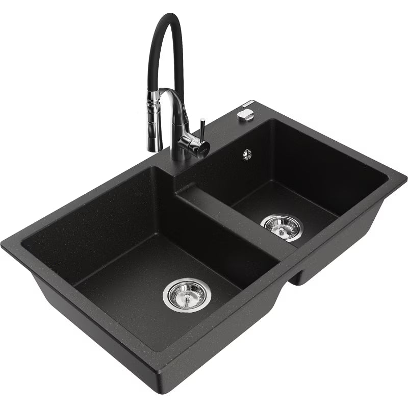 Granitvask Tomas 2-Kammer 80x50 cm Sort med Guld Armatur