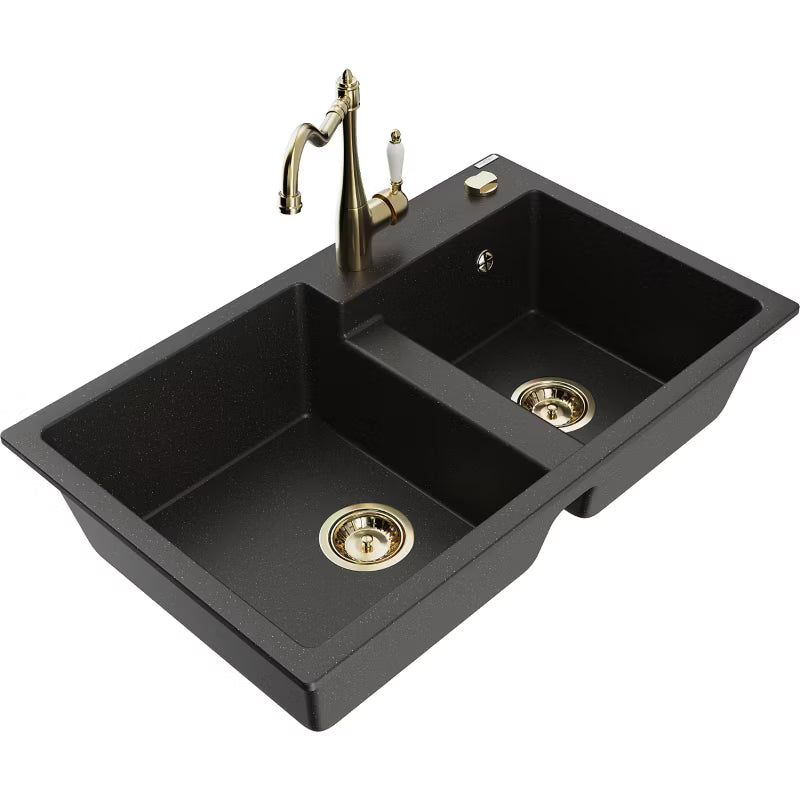 Granitvask Tomas 2-Kammer 80x50 cm Sort med Guld Armatur