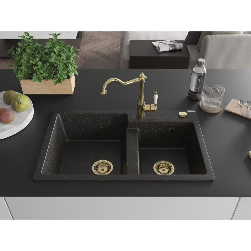 Granitvask Tomas 2-Kammer 80x50 cm Sort med Guld Armatur